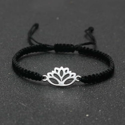 Lotus Symbol Bracelet for Women - Adjustable Cord, Silver Pendant, Spiritual Jewelry Gift - style: Onyx Black