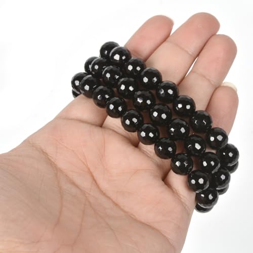 Justinstones Gemstone Crystals Chakra Beads Bracelet Crystal Healing 10mm Round Stretchable Bracelet for Her Gift - color: Faceted Black Agate