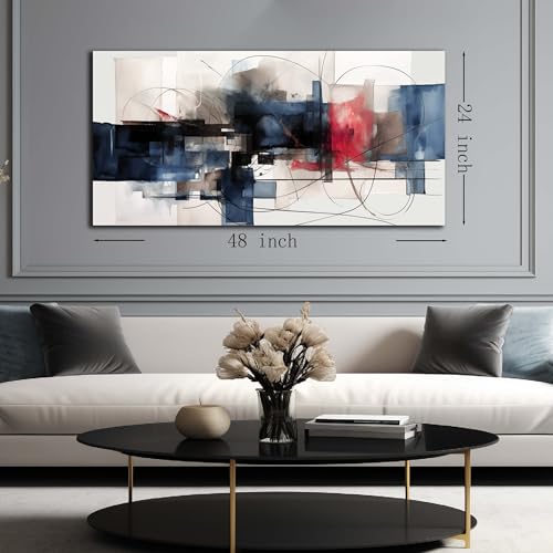 Fuwobriva Abstract Canvas Wall Art for Living Room Bedroom Office Large Wall Art Decor Abstract Wall Art Modern Black Red and Blue Geometry Painting Artwork 24"x48" - size: 24L" x 48W"
