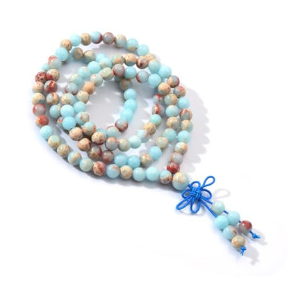 108 Mala Prayer Beads Bracelet 6mm Genuine Gemstone Healing Crystal Stone Beaded Bracelet Buddhist Tibetan Handmade Knotted Elastic Necklace for Yoga Meditation Unisex Women Men - color: Blue Imperial Jasper