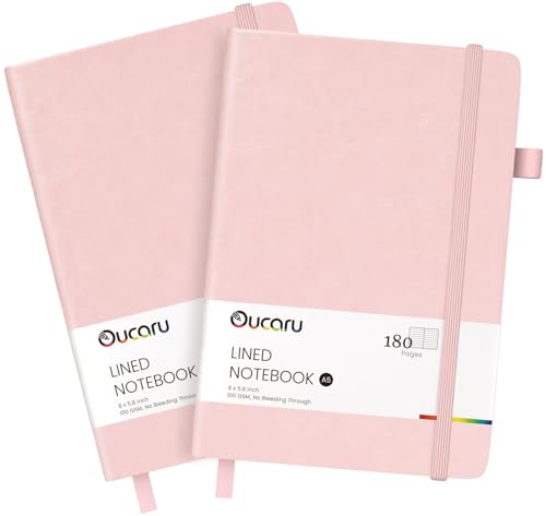 Oucaru Lined Journal Notebook, 2 Pack, 180 Pages, A5 Journals for Writing, 100 GSM Thick Paper, Small Notebooks Daily Journal for Women Men Work, Business, School, Travel Supplies - color: Blush & Blush, size: 2 Pack