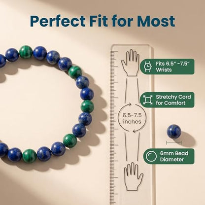 Lapis Lazuli Healing Bracelet – Real Crystal Beads for Stress Relief, Meditation & Chakra Balance – Natural Gemstone Jewelry Gift for Women & Men, Adjustable Stretch Fit - style: 6mm Lapis & Malachite （no gift box）