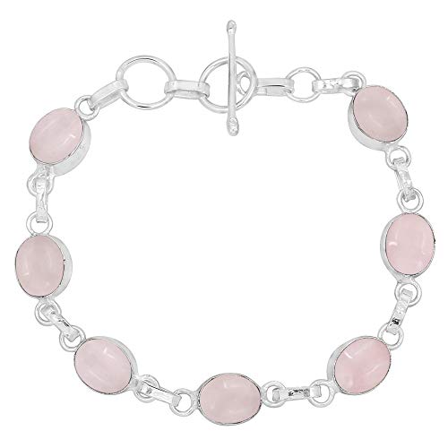 Oval Shape Natural Gemstones Statement Bracelet for Women - 925 Silver Plated Handmade Birthstone Bohemian Vintage Style Women's Jewelry Gifts for Wedding Anniversary Christmas Valentine's Day - color: Rose Quartz