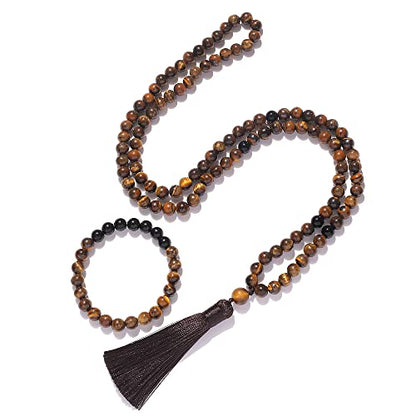 108 Mala Prayer Beads Necklace 8mm Natural Stones Meditation Yoga Jewelry Sets 108 Hand Made Japa Mala Beaded Long Tassel Necklace with Tassel Pendant for Men and Women - color: Yellow Tiger Eye+Black Onyx