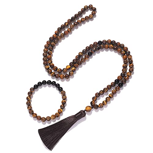 108 Mala Prayer Beads Necklace 8mm Natural Stones Meditation Yoga Jewelry Sets 108 Hand Made Japa Mala Beaded Long Tassel Necklace with Tassel Pendant for Men and Women - color: Yellow Tiger Eye+Black Onyx