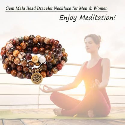 Mala Bead Strand Bracelet, 108 Buddhist Prayer Beads Yoga Meditation Green Malachite Beads Necklace Women man - style: Picasso Stone