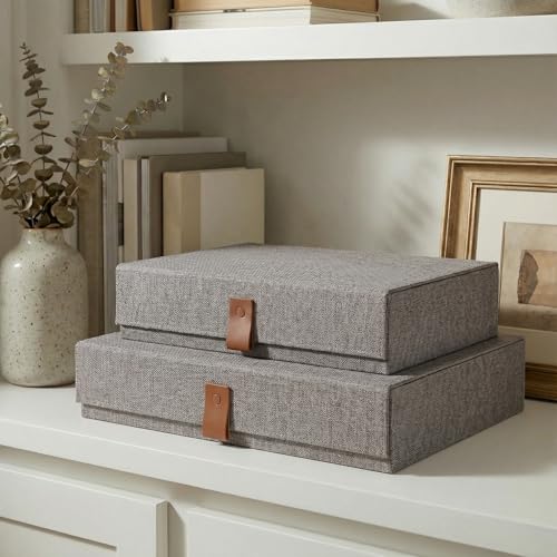 Decorative Photo Storage Boxes with Lids - Set of 2 Beautiful Linen Organizers Are Perfect to Safely Store Your Pictures, Documents, Scrapbooking Supplies, Keepsakes and Other Memories in Style - color: Gray