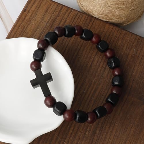 MILAKOO Wooden Bracelet with Black Stainless Steel Cross Charms Bead Christian Gifts for Women Men - color: C3