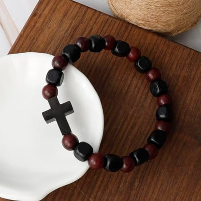MILAKOO Wooden Bracelet with Black Stainless Steel Cross Charms Bead Christian Gifts for Women Men - color: C3