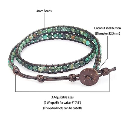 Genuine Stone Wrap Bracelets for Women Natural Crystal Beaded Wrap Bracelet 2/3/5 Adjustable Bohemian Bracelets Jewelry Gifts for Women Mom - color: africa turquoise(2 wraps)