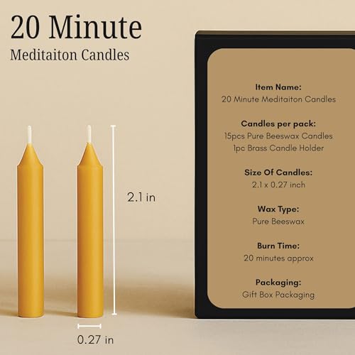 Australian Made 20 Minute Pure Beeswax Mini Meditation Candles, Non Toxic Beeswax Meditation Candle Set with Brass Holder for Intention Setting, Stress Relief, and Daily Meditaiton Mindful Moments - size: Set with Holder (15pcs)