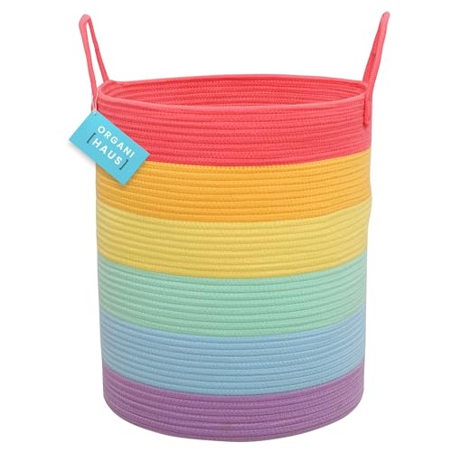 OrganiHaus Large Rainbow Woven Laundry Basket w/Handles 52L, Decorative Toy Storage Bin for Nursery, Colorful Blanket Basket for Playroom, Baby Laundry Hamper, Fun Kids Room Decor Organizer - color: Rainbow, size: Tall