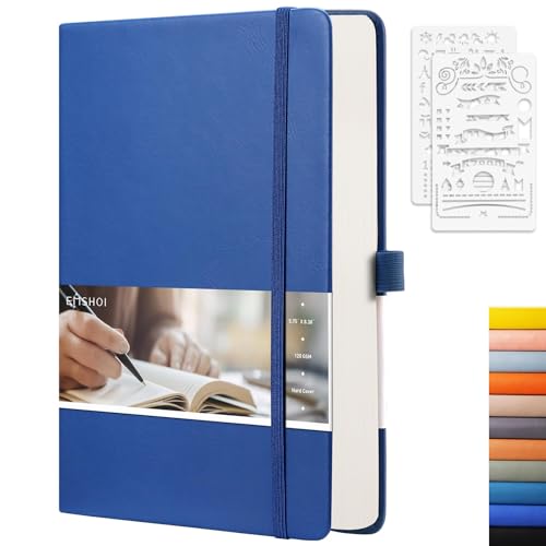 EMSHOI Dotted Journal Notebook, 256 Pages, 120 GSM Thick Paper, A5 Small 5.75"x8.38", PU Leather Hardcover, 5mm Dot Grid Notebook for Journaling, Planning, Drawing, Writing, Blue - color: Blue, size: A5-Dotted