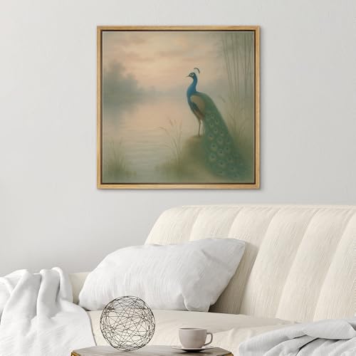 SIGNWIN Framed Canvas Print Wall Art Elegant Peacock by Misty Lake Serene Nature Illustrations Fine Art Farmhouse/Country for Living Room, Bedroom, Office - 16"x16" NATURAL - color: BS18-2507-SAR10, size: 16L" x 16W"