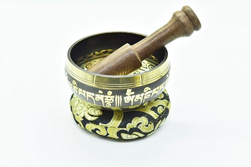 3.75" Tibetan Meditation Yoga Singing Bowl Green Set with free Wooden Mallet and Silk Cushion from Nepal, Singing bowls. (Black) - color: Black