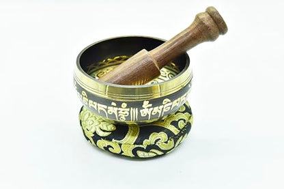 3.75" Tibetan Meditation Yoga Singing Bowl Green Set with free Wooden Mallet and Silk Cushion from Nepal, Singing bowls. (Black) - color: Black
