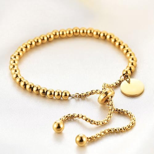 925 Sterling Silver 18K Gold Plated Minimalist Round Pendant Adjustable Bead Bracelet, Simple Geometric Couple Bracelet(Gold) - color: Gold