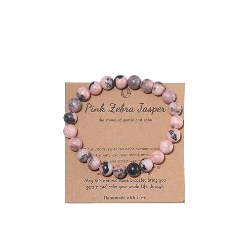 Pingyongchang Stress Relief Anxiety Yoga Bracelet,Mantra Bracelets for Women Natural Crystal Stone Healing Gifts Birthday Gifts for Jade Bracelet for Men - color: Pink Zebra Jasper