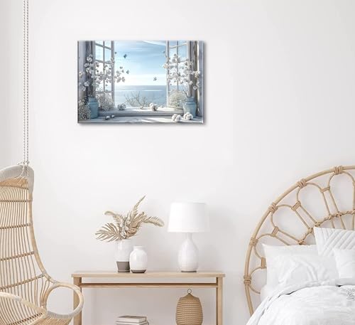 Coastal Flower Bathroom Canvas Wall Art Farmhouse Cotton Bouquet and Butterfly Bathroom on Window Wall Decor Rustic Blue Beach Butterfly Poster Print for Living Room Bedroom Restroom Home Decoration - size: 24"L x 16"W
