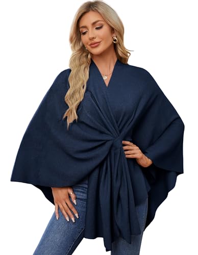 PULI Women's Elegant Shawl Wraps Soft Open Front Poncho Sweater for Spring Fall Winter - color: Front Tab-dark Salte Blue