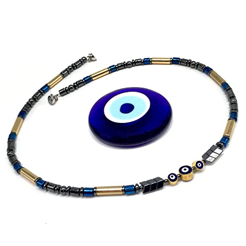 Healing Stress Anxiety Meditation Grounding Energy Gemstone Necklace Series - color: Black Blue Hematite -4 mm- Tube Beads & Evil Eye