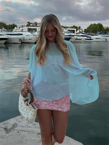 Women Chiffon Cape Shawls and Warps for Evening Dress Wedding Sheer Mesh Flowy Capelets Top - color: A-blue, size: Large