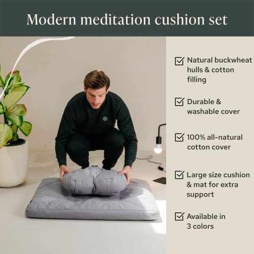 Mindful Modern Meditation Cushion & Zabuton Meditation Mat Bundle - 100% Cotton Meditation Cushion Set for Yoga - Buckwheat Crescent Shaped Zafu Floor Pillow Rectangular Mat - Slate Grey Color
