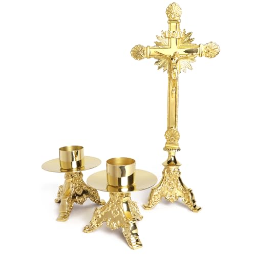 Needzo Elegant Brass Cross with Candle Holders Altar Set, Catholic Church Supplies, 16.75 Inches