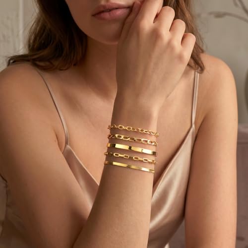 Dainty Gold Bracelet for Women Stack, Thin Bracelets Stackable Set with Bangle Cuff, Box, Herringbone, Paperclip, Figaro, Sparkling Link Chains Waterproof, Simple Jewelry Gifts for Women Non Tarnish - color: style 04-gold
