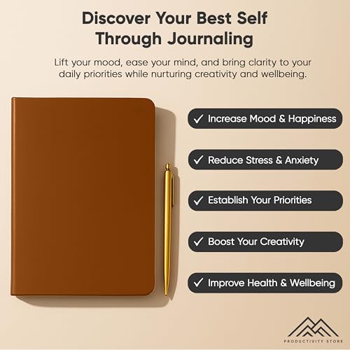 Journal For Men & Women - Gratitude Journal & Self Care Journal With Prompts - A5 Journaling Notebook - Brown - Productivity Store - color: Leather