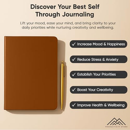 Journal For Men & Women - Gratitude Journal & Self Care Journal With Prompts - A5 Journaling Notebook - Brown - Productivity Store - color: Leather