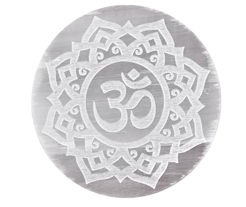 Amazing Gemstone Selenite Crystal Charging Plate For Crystals And Healing Stones, 3" Selenite Crystal Plate Engraved Flower of Life with OM Coaster For Home, Office Table Decor (Selenite Round Disc) - color: Flower of Life With Om