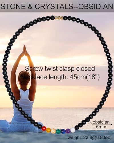 Reiki 7 Chakra Obsidian Beaded Necklace Protection Spiritual Crystals Meditation Yoga Necklaces for Women and Men Good Luck Jewelry - size: 18in