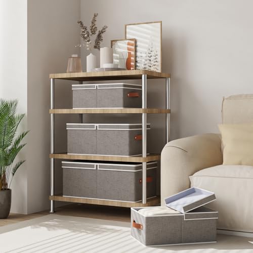 3-Pack Storage Boxes, Foldable Blanket Basket with Detachable Lid, Linen Closet 0rganizers with Double Handles, Collapsible Cubes for Organizing, Grey, 18.5 x 11 x 7.9 in
