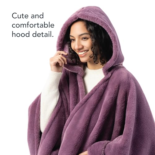 Berkshire Faux Fur Wearable Blanket, Cozy Reversible Loftmink Fleece Shawl with Hood & Side Pockets - color: Plum Smoke