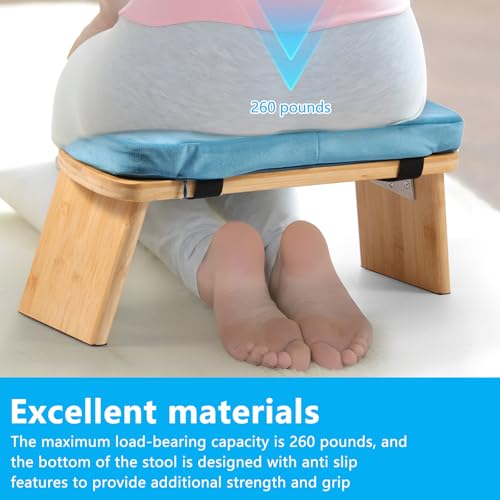 Prayer Bench, Foldable Bamboo Yoga Bench with Cushion and Carry Bag Ergonomic Kneeling Stool for Indoor Outdoor Sitting Thinking(Blue) - color: Blue