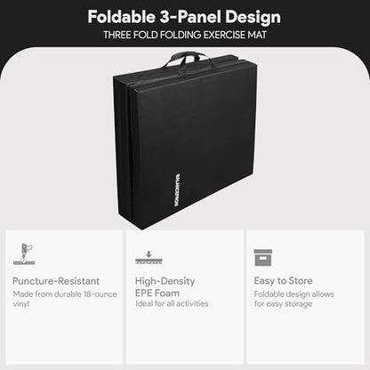 BalanceFrom 6x2 Feet 3-Panel Folding Gymnastics Mat – 2-Inch Thick Pad with Vinyl Surface and Carrying Handles for Tumbling, Yoga, Pilates, Home Workouts, and Martial Arts - color: Black2
