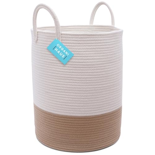 OrganiHaus Large Woven Laundry Basket w/Handles 52L, Rope Dirty Clothes Hamper, Blanket Basket for Living Room, Baby Laundry Hamper for Nursery, Soft Decorative Organizer Bin - Honey/Off-White - color: Honey / Off-White, size: Tall