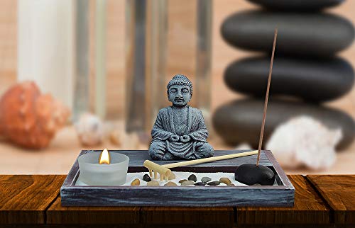 Zen Garden Deluxe Desk Meditation Garden Grey Buddha Statue with Rocks, Tea Light Holder, Rake, Incense and Incense Holder, Sand and Base - Peace & Tranquility (Candle Not Included)