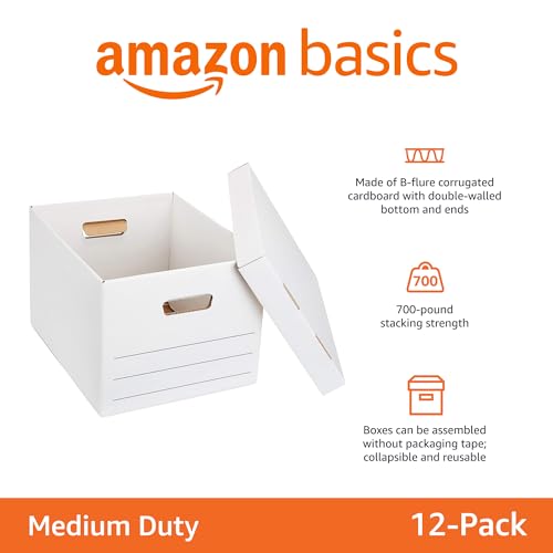 Amazon Basics Medium Duty Storage/Filing Boxes with Lid and Handles, Legal/Letter Size, Collapsible, Foldable, Tape-Free Assembly, 16.2" L x 12.5" W x 10.5" H, White, 12-Pack - style: Medium Duty 12-pack