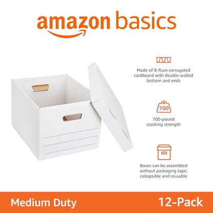 Amazon Basics Medium Duty Storage/Filing Boxes with Lid and Handles, Legal/Letter Size, Collapsible, Foldable, Tape-Free Assembly, 16.2" L x 12.5" W x 10.5" H, White, 12-Pack - style: Medium Duty 12-pack
