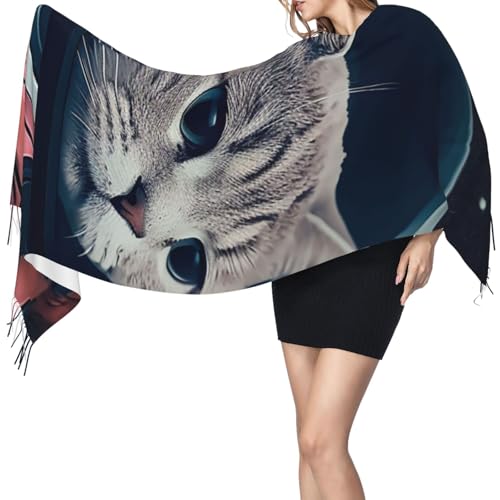 Astronaut Sitting in Yoga Chakra Scarf for Women Warm Soft Scarves Fashion Fringed Shawl Casual Tassel Blanket Scarf - color: Astronaut Cat Fish