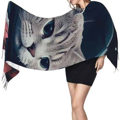 Astronaut Sitting in Yoga Chakra Scarf for Women Warm Soft Scarves Fashion Fringed Shawl Casual Tassel Blanket Scarf - color: Astronaut Cat Fish