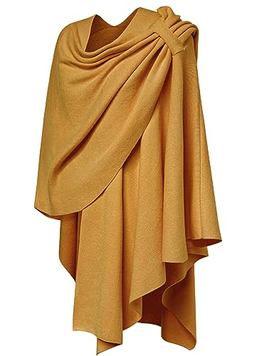 PULI Womens Large Cross Front Poncho Sweater Wrap Topper Knitted Elegant Shawls Cape for Fall Winter - color: 1-ginger Yellow