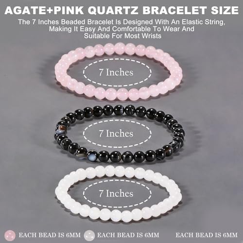 3PCS Agate Bracelet for Women Men Natural Round Beaded Agates Stone Healing Stretch Bracelets Elastic Handmade Polished Gemstone Beads Bracelet - color: White+Pink+Black White