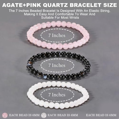 3PCS Agate Bracelet for Women Men Natural Round Beaded Agates Stone Healing Stretch Bracelets Elastic Handmade Polished Gemstone Beads Bracelet - color: White+Pink+Black White