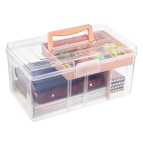 BTSKY 2 Layer Clear Plastic Dividing Storage Box with Removable Tray Multipurpose Stationery Storage Box with Handle Portable Sewing Boxes Art Craft Supply Organizer Home Utility Box(Big Pink) - color: Big Pink