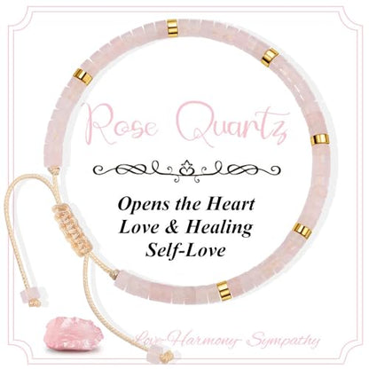 CASDAN Natural Crystal Beaded Bracelet for Women Natural Stone Adjustable Braided Rope Bracelets Spiritual Bracelet Inspirational Gifts - color: Rose Quartz