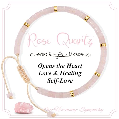 CASDAN Natural Crystal Beaded Bracelet for Women Natural Stone Adjustable Braided Rope Bracelets Spiritual Bracelet Inspirational Gifts - color: Rose Quartz