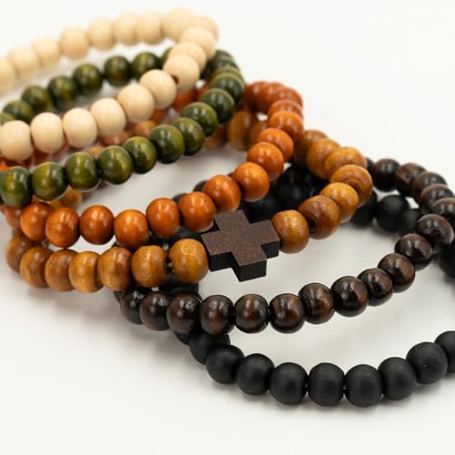 6-Piece Stack, Cross Bangle Wooden Bead Bracelet Set - Beaded Bracelets for Women Men 8mm Round Beaded Stretch Bracelets Unisex Yoga Bracelet
